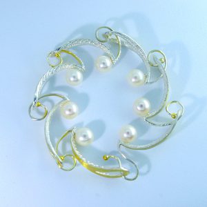 Handcrafted Cuttlefish bone Casting- 18K gold plating 925 silver Bracelet with fresh water pearl- OB-001-SY-WP