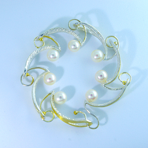 Handcrafted Cuttlefish bone Casting- 18K gold plating 925 silver Bracelet with fresh water pearl- OB-001-SY-WP 1