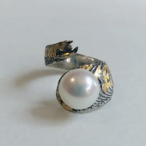Handcrafted Cuttlefish bone Casting- 24K gold leaf on Sulfide 925 silver Ring with fresh water pearl- OR-001-SG-WP