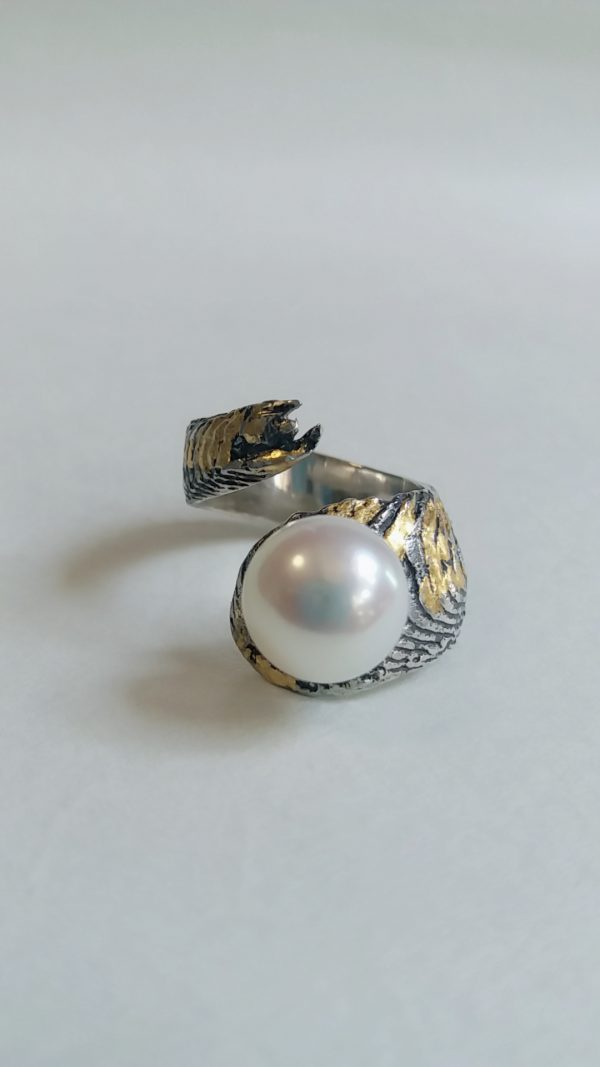 Handcrafted Cuttlefish bone Casting- 24K gold leaf on Sulfide 925 silver Ring with fresh water pearl- OR-001-SG-WP 1